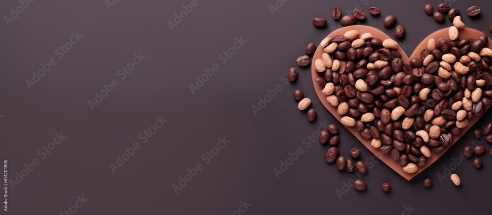 Poster dark chocolate with nuts displayed separately on a isolated pastel background copy space heart shape