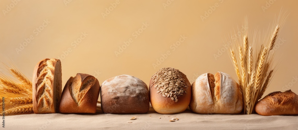 Poster delicious freshly baked bread with various grains seen from the side on a isolated pastel background