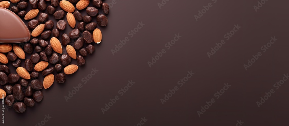 Poster dark chocolate with nuts displayed separately on a isolated pastel background copy space heart shape