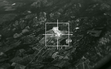 Satellite, bomb and aerial target of missile on map for war, international conflict and military....