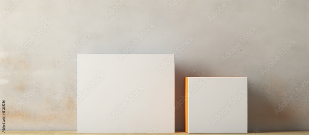 Aufkleber free space on a white table with stacked cardboard boxes isolated pastel background copy space