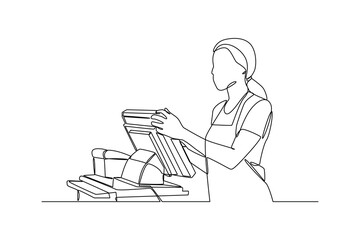 Online shopping and E-commerce concept cashier counts shopping. Sale, orders, online payment, delivery, loyalty program. Flat graphic vector concept illustration isolated on white background.