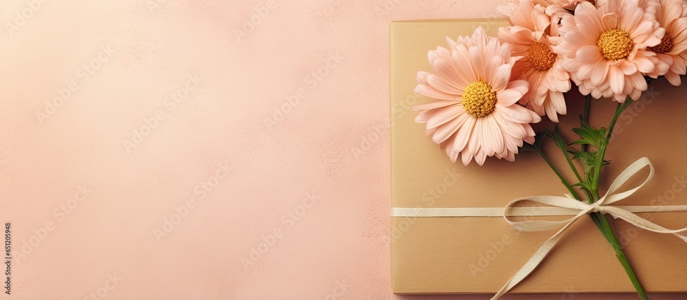 Poster ecoconscious gift packed in recyclable paper tied with a unique bow isolated pastel background copy 