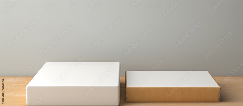 Aufkleber free space on a white table with stacked cardboard boxes isolated pastel background copy space