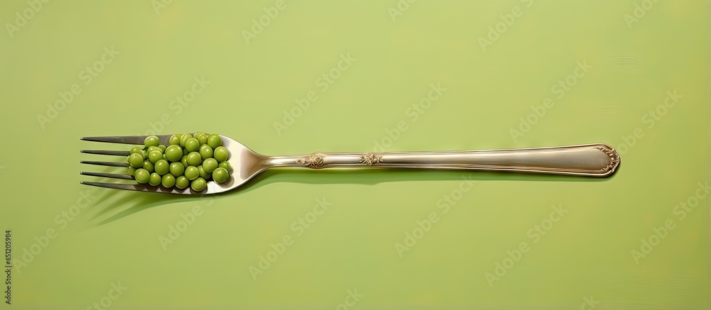 Poster fork background and green peas isolated pastel background copy space