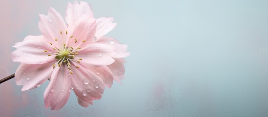 Fototapeta na wymiar Dew covered flower in spring isolated pastel background Copy space