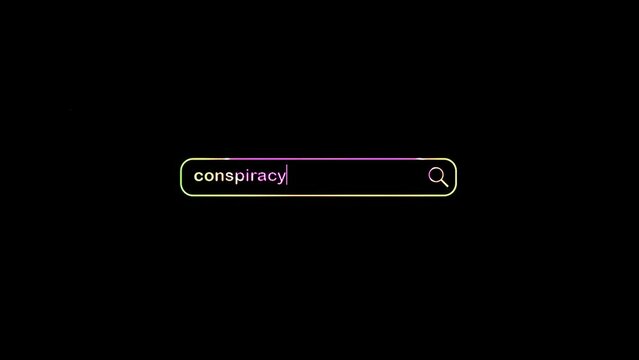 Search bar with conspiracy theory typing message and colorful glitch effect on black background
