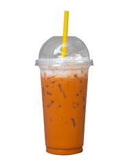 Iced thai tea on white background, plastic cup