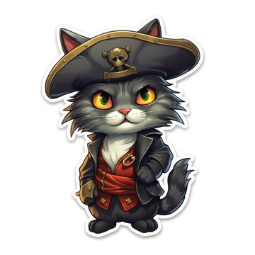 A black and white cat wearing a pirate hat. Digital art.