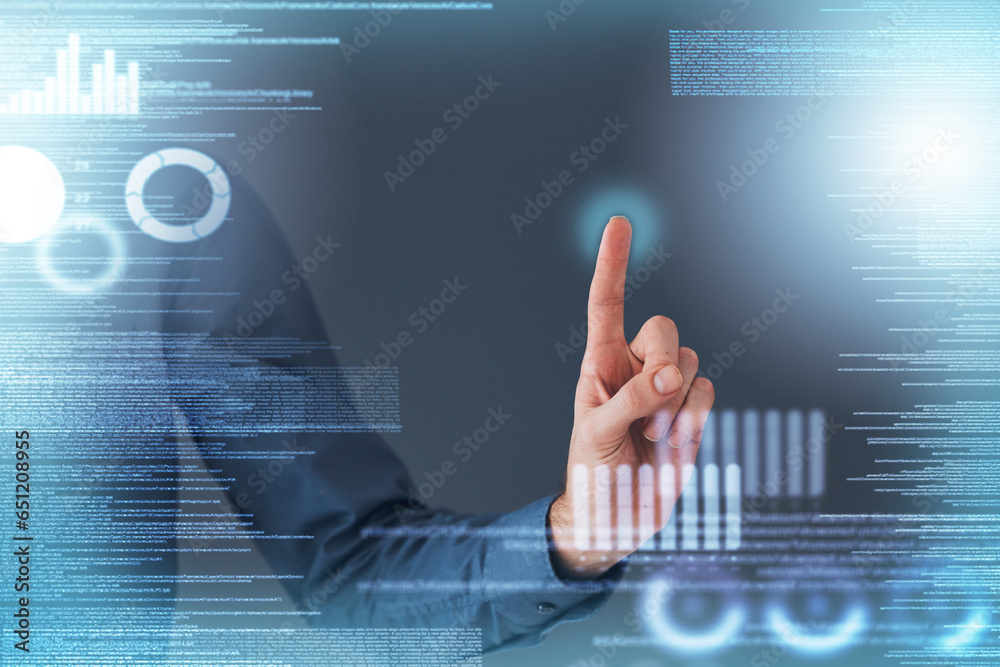 Poster Cybersecurity, hologram and finger of business person with hand gesture for biometrics, digital scan and ui. Mockup, 3D overlay and person with fingerprint for ux, cybersecurity and touchscreen