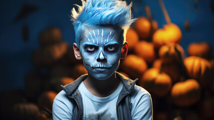 Naklejka premium Portrait of a boy with his hair painted blue and his face painted as skull on halloween night with pumpkins on the background