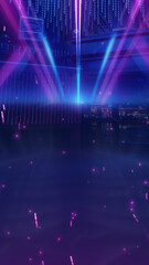 Empty background scene. Dark street reflection on background flyer. Rays of neon light in the dark, neon shapes, smoke. Background of an empty stage show, party, or event. Abstract dark background
