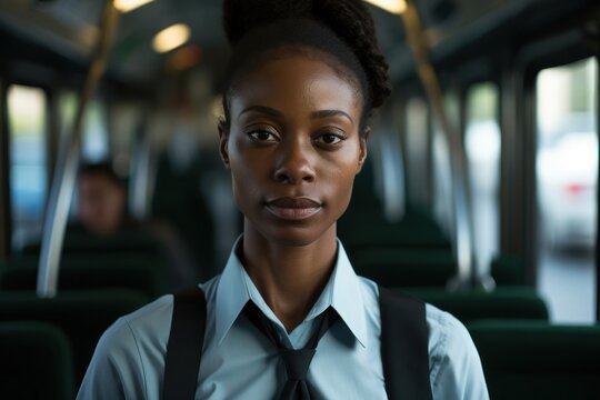 Black Woman Bus Driver Occupation Employment Work Environment Background Generative AI