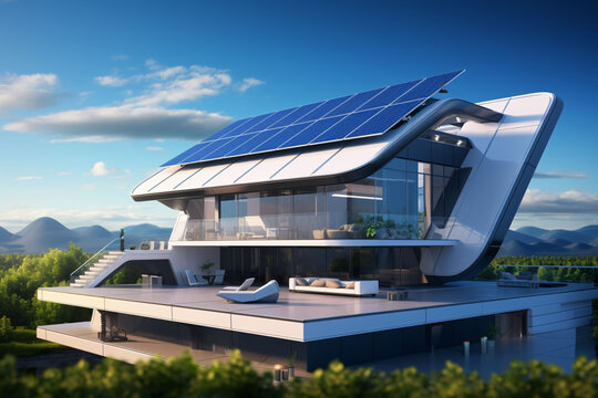Concept of smart home automation system with solar panels on the roof