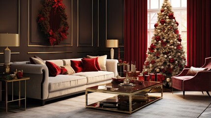  a living room decorated for christmas with a christmas tree in the corner.  generative ai