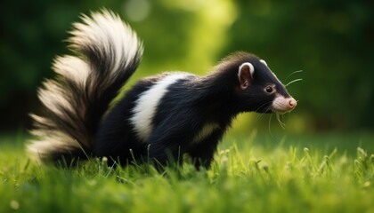 Fototapeta premium Skunk with his tale up on green grass in sunny park