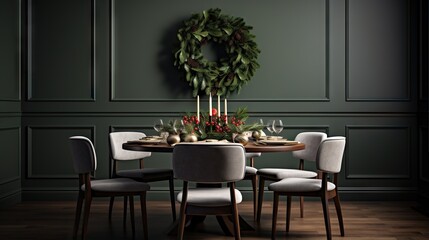 Fototapeta premium a dining room table with a wreath on the wall above it. generative ai