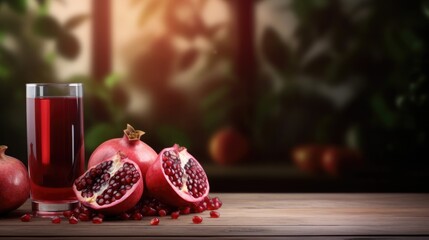 Pomegranate on wooden table with blur tree background for healthy food banner concept and agriculture. Generative Ai - obrazy, fototapety, plakaty