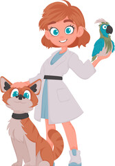 There is a veterinarian girl who is funny and cute, and she is always with animals. Vector Illustration.