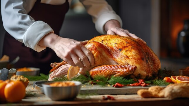 Close-up hands carving turkey