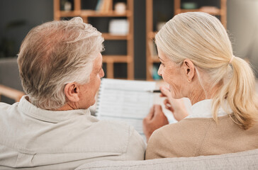 Old couple with life insurance application, retirement fund and paperwork, partner with property...