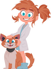 There is a lady who takes care of animals and works as a doctor for them. She is really glad. She owns an adorable feline. Vector Illustration.