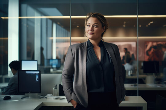 eine Gesch&auml;ftsfrau mit &Uuml;bergr&ouml;&szlig;e, die in einem Gesch&auml;ftsb&uuml;ro steht, a plus size business woman standing in a business office 