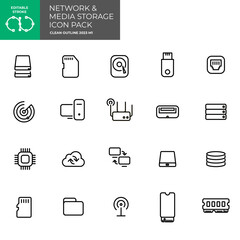 Network and digital media storage. Icon Pack. Editable stroke. - obrazy, fototapety, plakaty