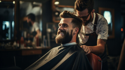 Barbershop concept. Profile side portrait of attractive severe brutal red bearded young guy. He has a perfect hairstyle, modern stylish haircut - obrazy, fototapety, plakaty
