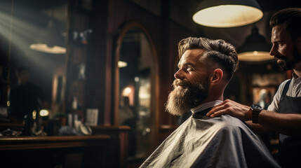 Barbershop concept. portrait of attractive severe brutal red bearded young guy. He has a perfect hairstyle, modern stylish haircut - obrazy, fototapety, plakaty