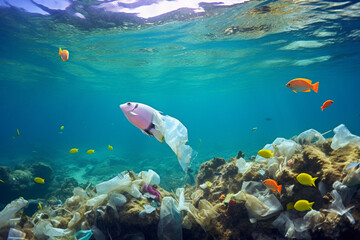 Underwater view of a tropical coral reef with a fish whose tail is a plastic garbage bag.Concept of health risks of small plastic particles in marine fish.