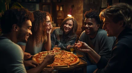 Zelfklevend Fotobehang Cheerful multiracial friends having fun eating in pizzeria © Nataliia