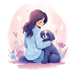 Sitting girl embrace her dog. Friendship concept. Colorful such as pink and blue cartoon illustration.