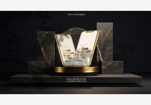 2 Gold Smartphones in Vertical Position Black Marble Stone Platform Podium