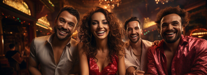 Group of young rich people is playing poker in the casino - obrazy, fototapety, plakaty