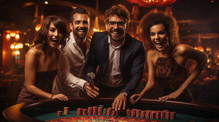 Group of young rich people is playing poker in the casino - obrazy, fototapety, plakaty