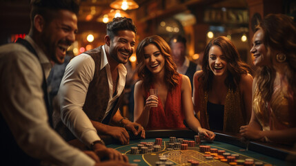Group of young rich people is playing poker in the casino
