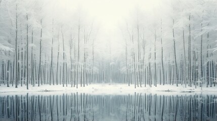  a lake surrounded by snow covered trees in a forest filled with trees.  generative ai