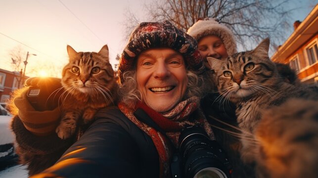 A woman taking a selfie with her cats