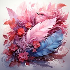Colorful background with feathers and flowers