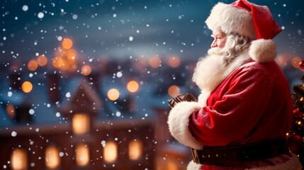 Santa Claus on a roof top in town on Christmas eve. Serene snow fall and a holiday feeling. Banner with copy space. - obrazy, fototapety, plakaty