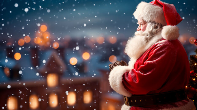 Santa Claus on a roof top in town on Christmas eve. Serene snow fall and a holiday feeling. Banner with copy space.