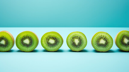 Slices of kiwi lined up on a table, bright ambient, light colors, realistic, hyper details