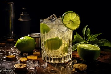Zesty Refreshment: Embracing the Spirit of an Alcoholic Drink Beside a Lime -ar 3:2