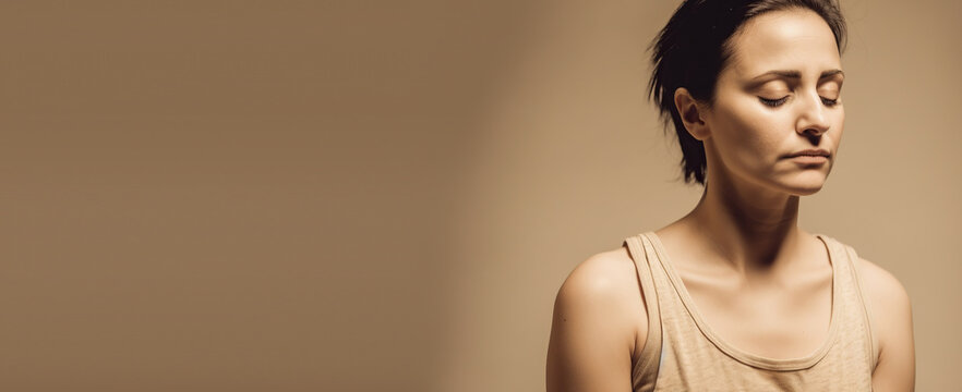 Banner in pastel nude colors with middle age woman with short haircut in beige top without makeup closed your eyers