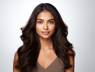 Naklejka premium Indian girl with flawless detangled hair, spotlighting hair detangling products in a beauty commercial isolated on white background