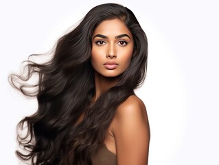 In a white backdrop, an Indian beauty embodies haircare perfection, her hair epitomizing vibrancy and health isolated on white background