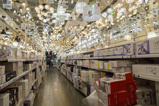 chandeliers and lamps sale department in the Leroy Merlin hardware store in Tula, Russia in June 22, 2022