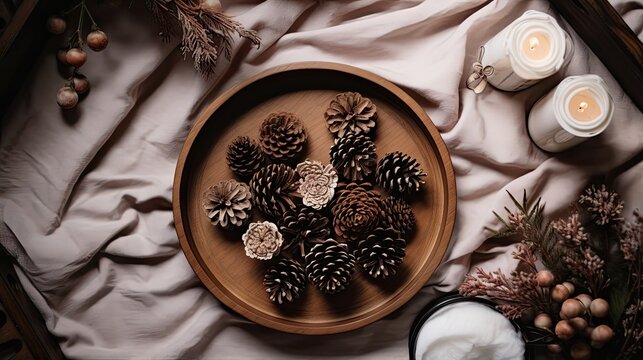  a wooden plate topped with pine cones next to a candle.  generative ai