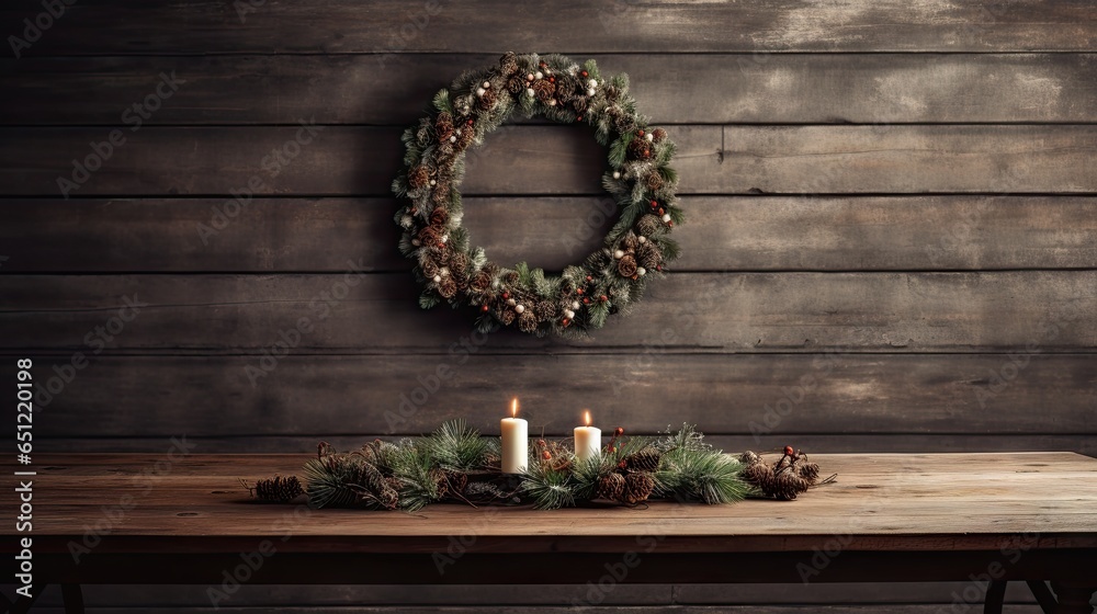 Poster a wooden table topped with a wreath and two lit candles. generative ai